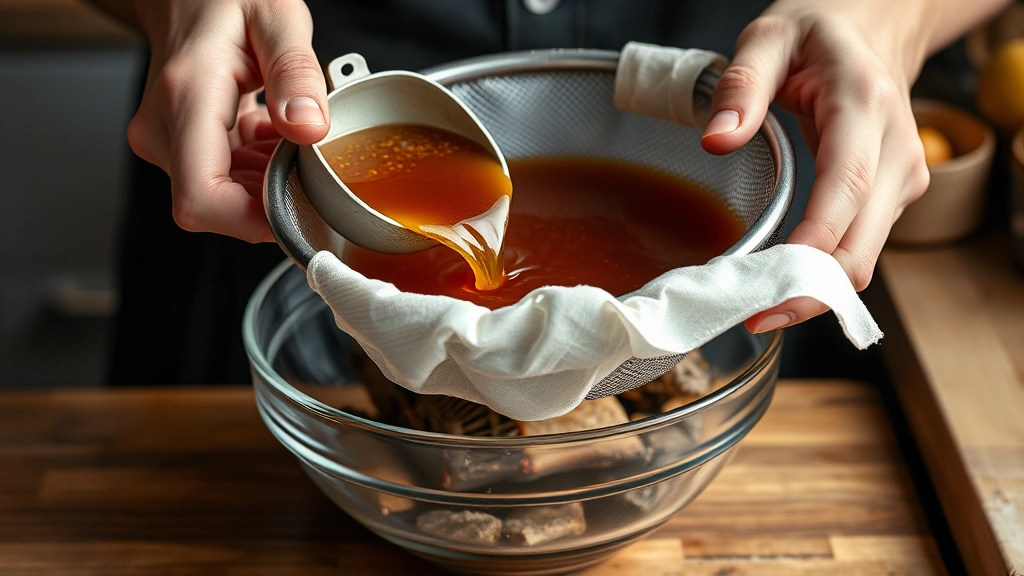 process: hands carefully pouring strained amber beef broth through fine mesh strainer lined with cheesecloth into glass bowl, roasted bones and vegetables visible in strainer, kitchen counter