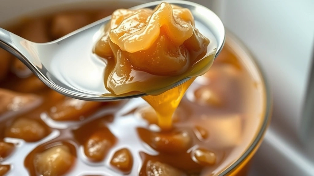 detail: close-up of chilled beef bone broth showing jiggly gelatinous texture with golden-brown color, spoon lifting broth showing gel consistency, refrigerator setting, natural light