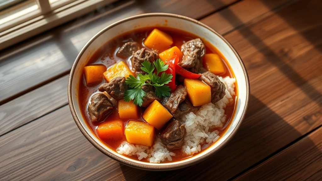 hero: steaming bowl of Filipino beef caldereta with tender beef chunks, potatoes, carrots, and peppers in rich reddish-brown sauce, served over white rice, photographed from above with natural window light, garnished with fresh parsley, rustic wooden table