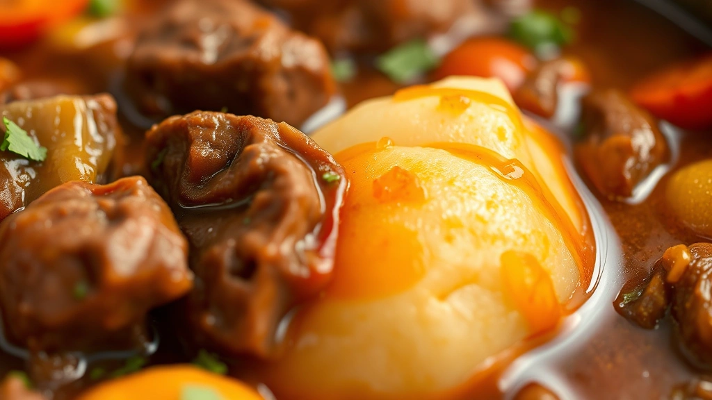 detail: close-up of finished beef caldereta showing tender beef cube, soft potato, glossy sauce coating, vibrant vegetables visible, shallow depth of field, warm natural lighting highlighting the sauce texture