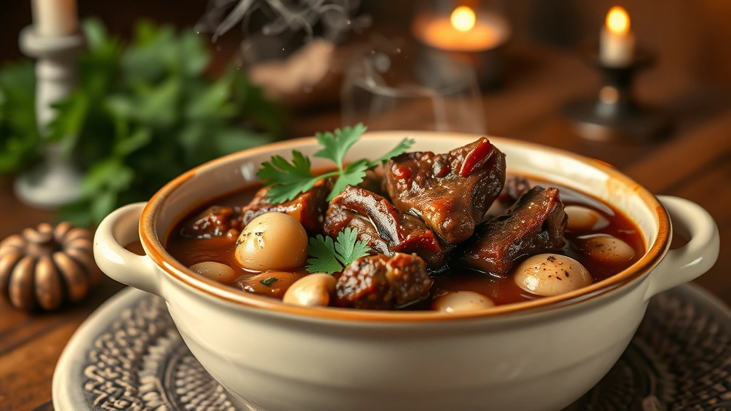 hero: rich beef cheek stew in cream-colored ceramic bowl, steam rising, garnished with fresh parsley, pearl onions and mushrooms visible, warm candlelit ambiance, photorealistic, natural light, no text
