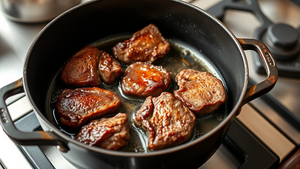 process: searing beef cheeks in Dutch oven with golden-brown crust forming, oil sizzling, professional kitchen setting, photorealistic, natural light, no text
