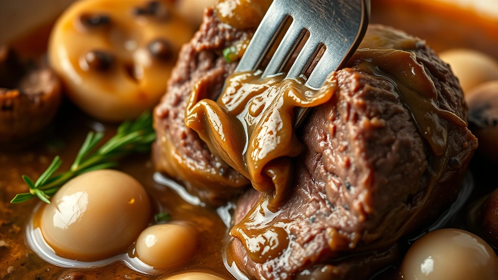 detail: close-up of fork cutting into tender beef cheek, showing fall-apart texture, rich gravy coating, mushrooms and pearl onions, warm lighting, photorealistic, no text
