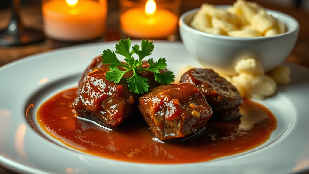 hero: plated beef cheeks with rich braising sauce and fresh parsley garnish, creamy mashed potatoes on the side, warm candlelight, photorealistic, natural lighting, elegant presentation, no text