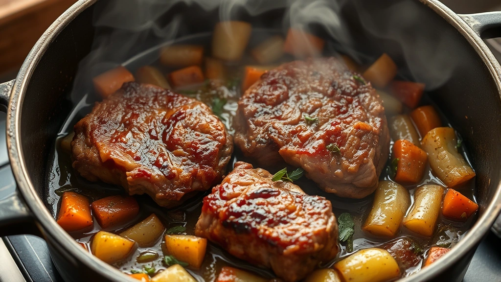 process: beef cheeks searing in Dutch oven with golden crust, vegetables sautéing, aromatic herbs visible, steam rising, photorealistic, natural lighting, no text