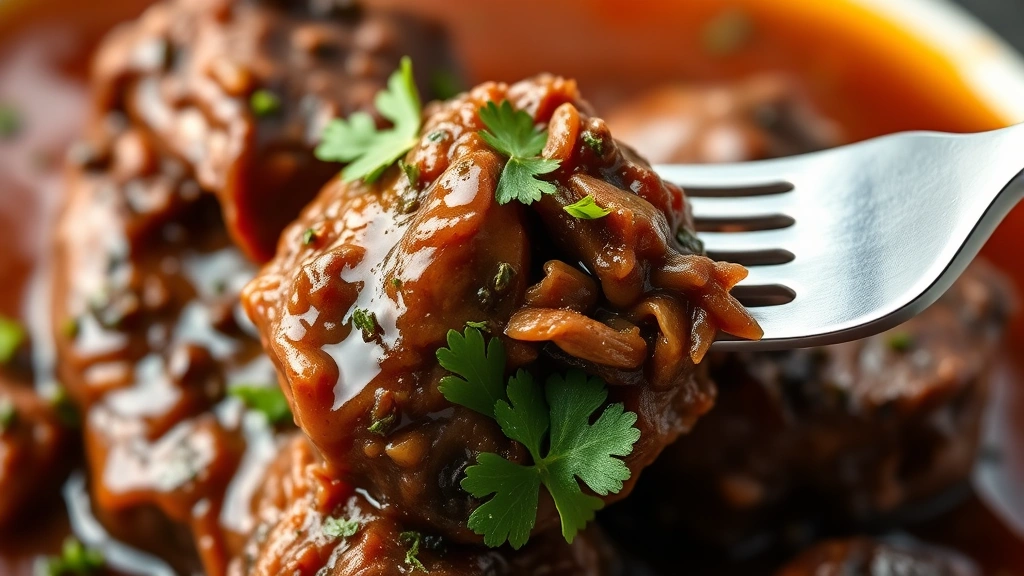 detail: close-up fork breaking apart tender beef cheek meat, rich sauce clinging to meat, garnished with fresh parsley and thyme, photorealistic, natural lighting, no text