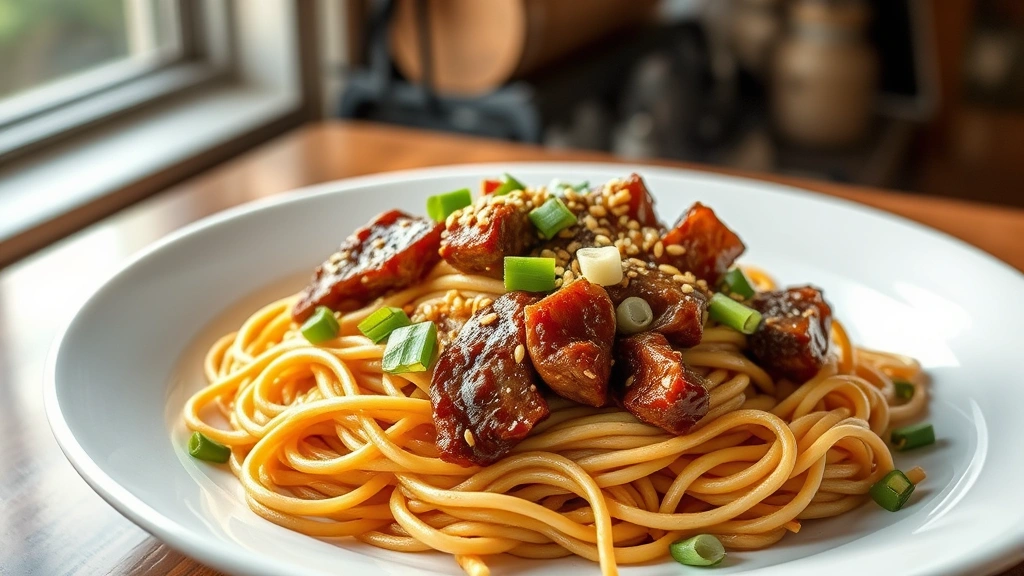 hero: beef chow fun noodles on white plate with sesame seeds and green onions, steaming hot, photorealistic, natural window light from left, professional food photography, no text