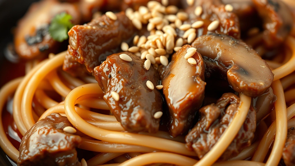 detail: close-up macro of beef chow fun noodles with tender beef slices and mushrooms, glossy sauce coating, sesame seeds scattered on top, photorealistic, shallow depth of field, no text