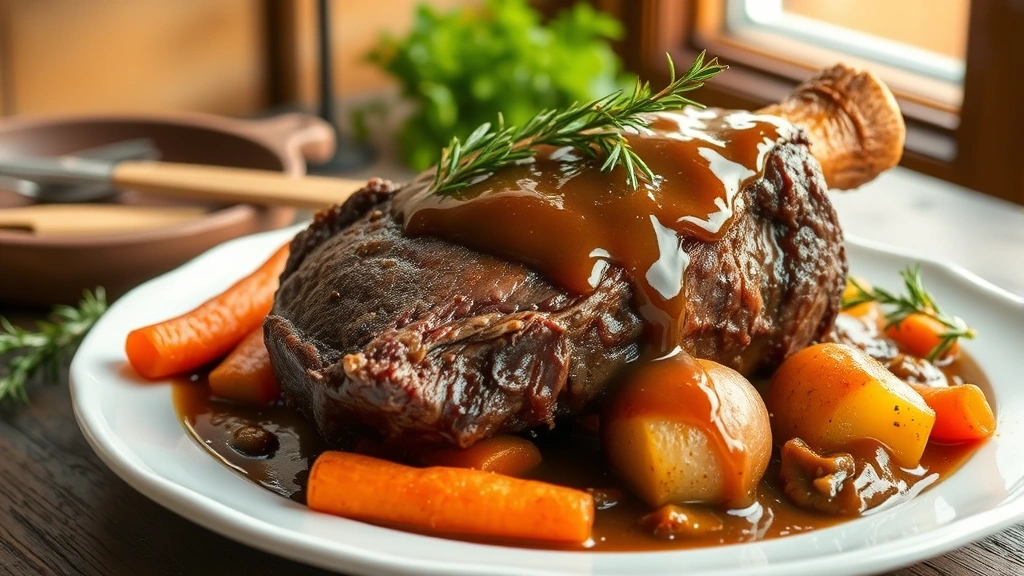hero: perfectly roasted beef chuck on white plate with roasted carrots potatoes and rich brown gravy, garnished with fresh thyme and rosemary, warm natural window light, rustic farmhouse setting, no text