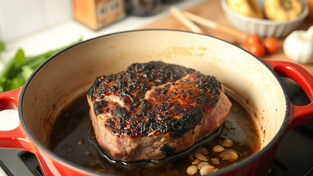 process: beef chuck being seared in Dutch oven with dark caramelized crust, oil sizzling, aromatic vegetables and garlic visible in background, warm kitchen lighting, no text