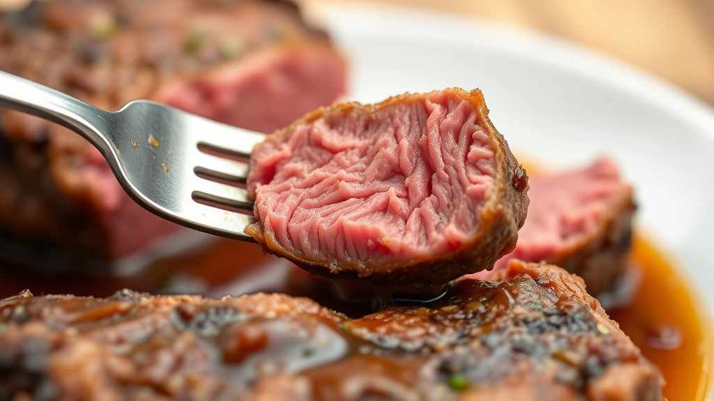 detail: close-up fork pulling apart tender beef chuck showing pink interior and perfect texture, rich braising liquid visible, shallow depth of field, no text