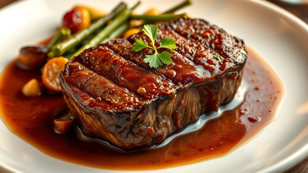 hero: perfectly braised beef chuck steak on a white plate with rich brown sauce and vegetables, garnished with fresh parsley, golden hour lighting, professional food photography