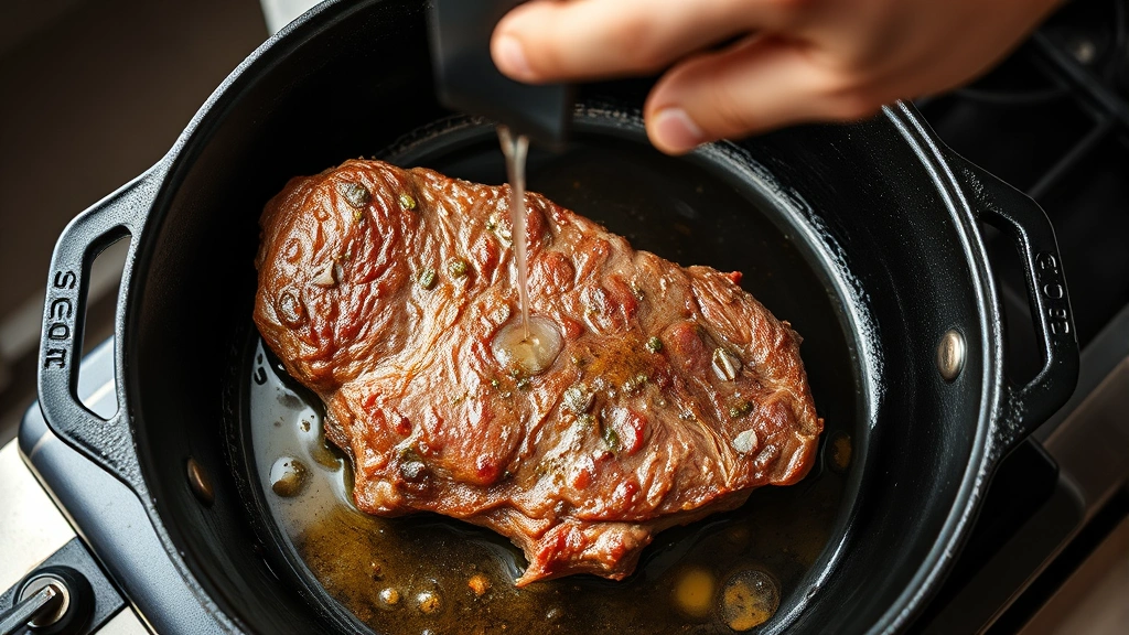 process: chef searing beef chuck steak in cast iron Dutch oven with visible golden crust forming, oil sizzling, overhead angle, natural kitchen lighting