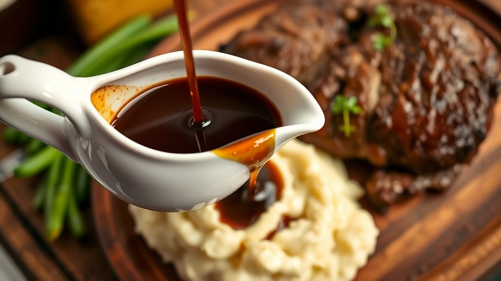 hero: Rich dark beef gravy being poured from a white ceramic gravy boat onto creamy mashed potatoes with a perfectly cooked beef roast in background, photorealistic, warm natural window light, no text, overhead angle