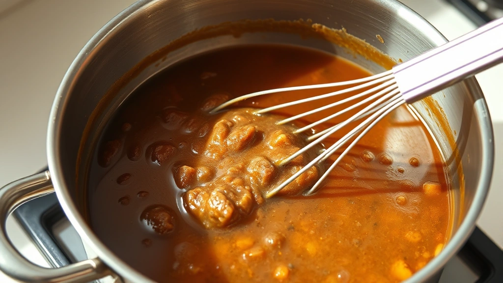 process: Whisking beef gravy in stainless steel saucepan with roux mixture being combined with beef broth, photorealistic, bright natural kitchen light, no text, close side angle