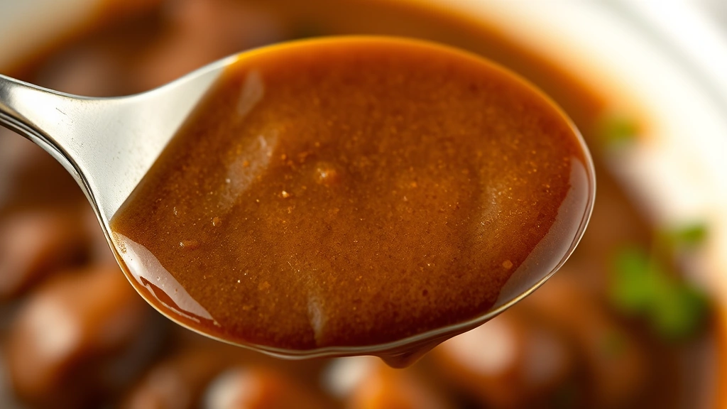 detail: Close-up macro shot of thick velvety beef gravy coating the back of a silver spoon, showing rich brown color and smooth texture, photorealistic, soft natural light, no text