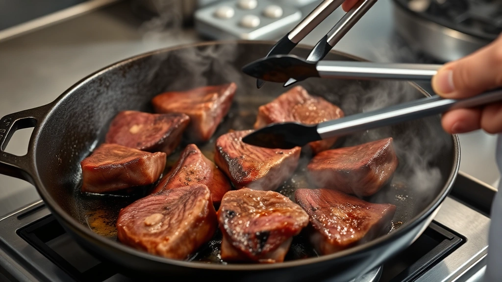 process: cast iron skillet with beef heart slices sizzling and browning, visible steam and caramelization, chef's hand holding tongs, professional kitchen lighting, close angle showing the sear