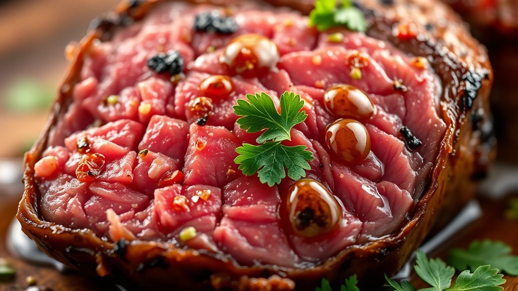 detail: close-up macro shot of perfectly cooked beef heart slice showing the caramelized crust and tender medium-rare interior, fresh cilantro garnish, drops of chimichurri sauce, shallow depth of field, warm natural lighting