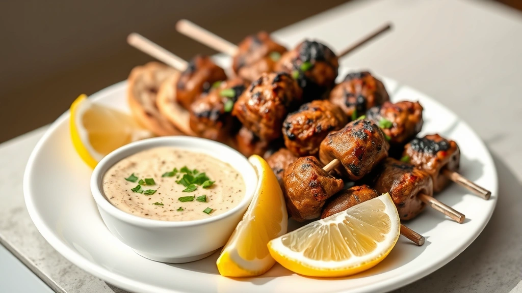 hero: perfectly grilled beef kofta kebabs with charred exterior on white plate with tahini sauce pita bread and fresh lemon wedges, photorealistic, natural daylight, no text