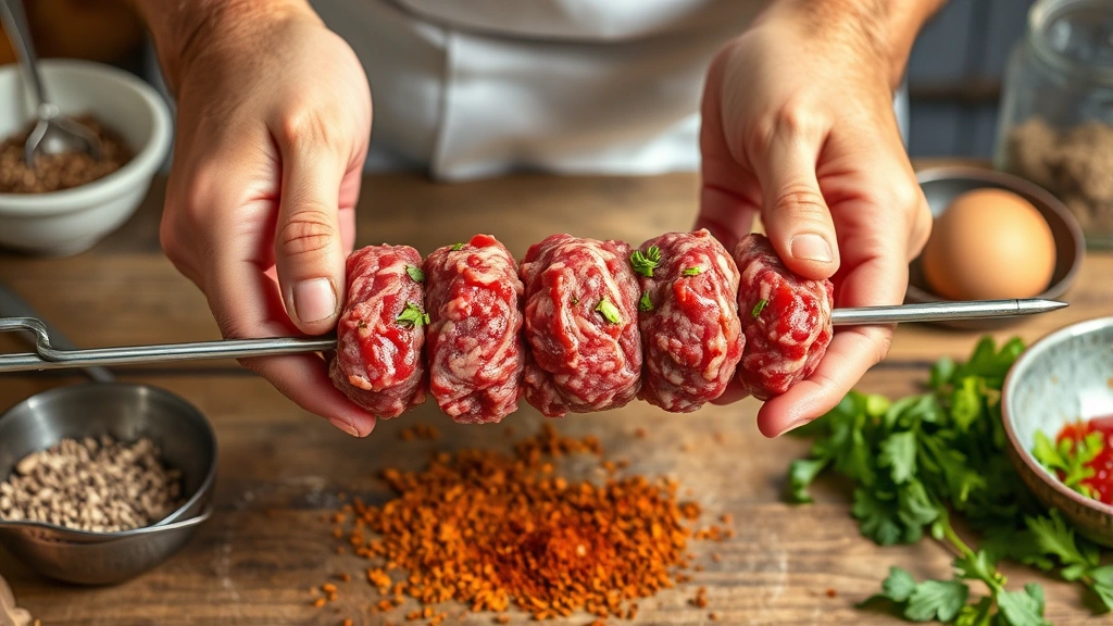 process: hands forming raw beef kofta mixture around metal skewer with spices herbs and ingredients visible, photorealistic, natural kitchen lighting, no text