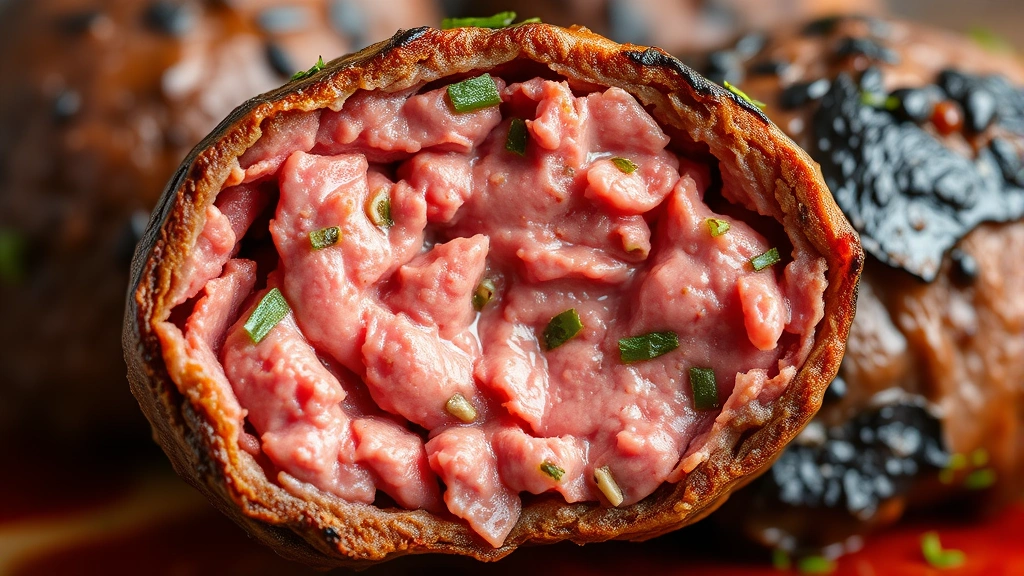 detail: close-up cross section of cooked beef kofta showing juicy pink interior and charred exterior with herbs visible, photorealistic, natural light, no text