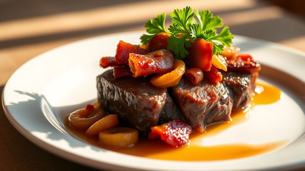 hero: Plated beef liver with caramelized onions and bacon on white plate, warm golden lighting, fresh parsley garnish, soft shadows, elegant presentation