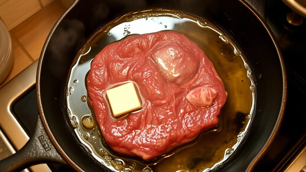 process: Searing beef liver in cast iron skillet with visible crust forming, steam rising, butter and oil glistening, overhead angle, warm kitchen lighting