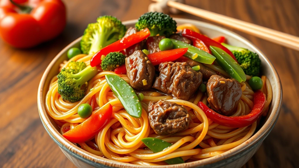 hero: steaming bowl of beef lo mein with fresh broccoli, snap peas, and red peppers, glossy noodles coated in savory sauce, photorealistic, natural light, no text