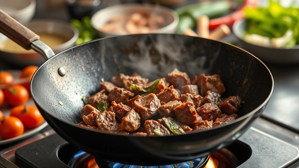 process: wok with sizzling beef being stir-fried over high heat, steam rising, vegetables in background, photorealistic, natural light, no text