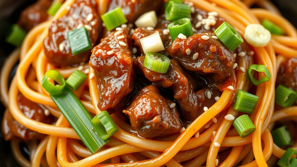 detail: close-up of lo mein noodles coated with glossy sauce, tender beef pieces, fresh green onions, sesame seeds scattered on top, photorealistic, natural light, no text