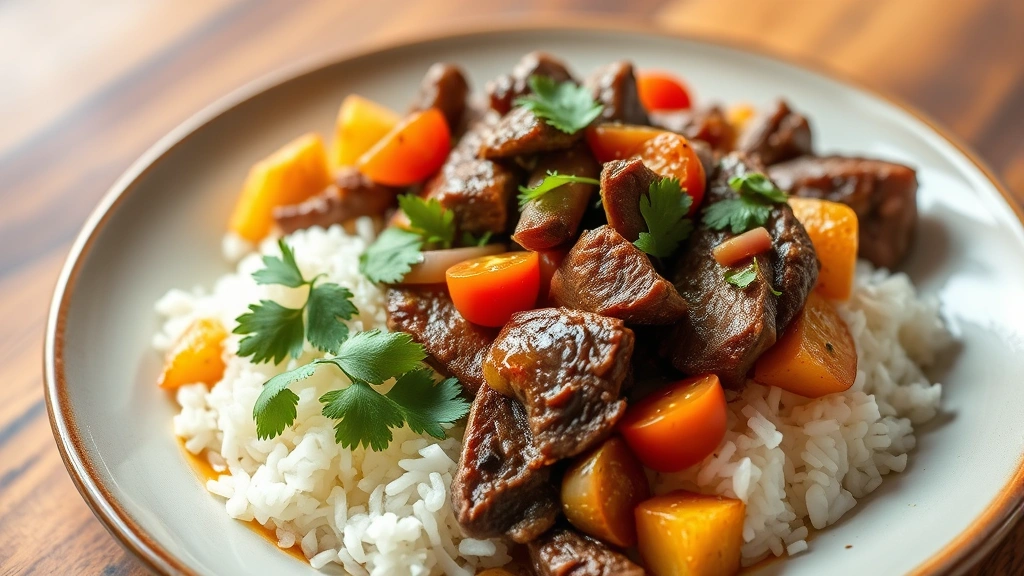 hero: beef lomo saltado served over white rice with cilantro garnish, crispy golden potatoes visible, vibrant red tomatoes and onions, steaming hot, restaurant-quality plating, photorealistic, natural warm light, no text