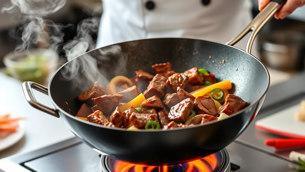 process: chef stir-frying beef and vegetables in wok over high heat with steam rising, golden seared beef cubes, colorful ingredients mid-toss, professional kitchen setting, photorealistic, natural light, no text