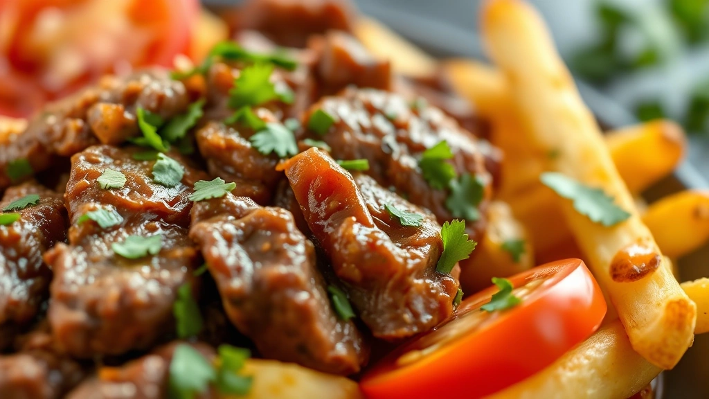detail: close-up of finished lomo saltado showing tender beef slices, crispy potato fries, fresh tomato wedges, glossy sauce, cilantro sprinkles, depth of field, photorealistic, warm natural light, no text