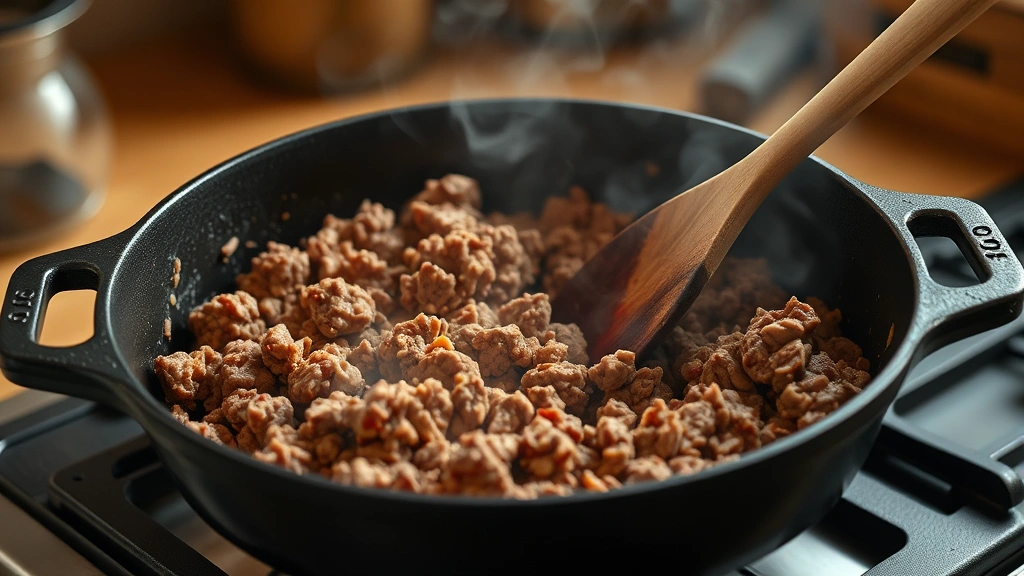 process: browning ground beef in large cast iron skillet, steam rising, golden brown meat with wooden spoon, warm kitchen lighting, photorealistic, natural light, no text