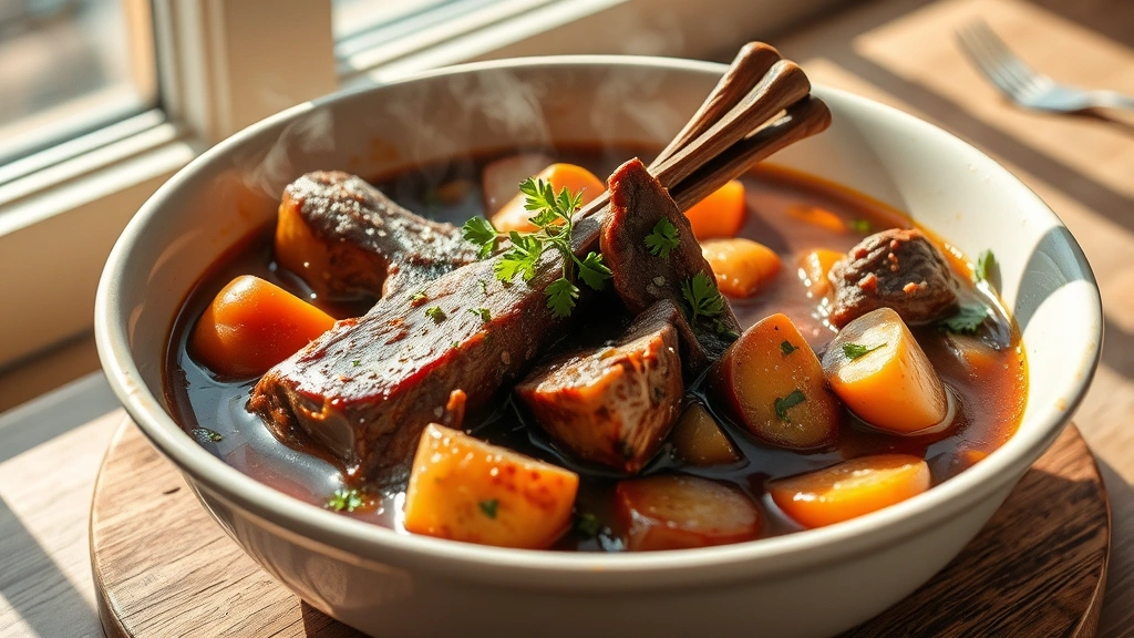 hero: Steaming bowl of beef neck bones in rich brown braising sauce with fresh herbs and root vegetables, rustic white ceramic bowl, natural window light casting warm shadows, garnished with fresh parsley and fleur de sel, photorealistic, no text