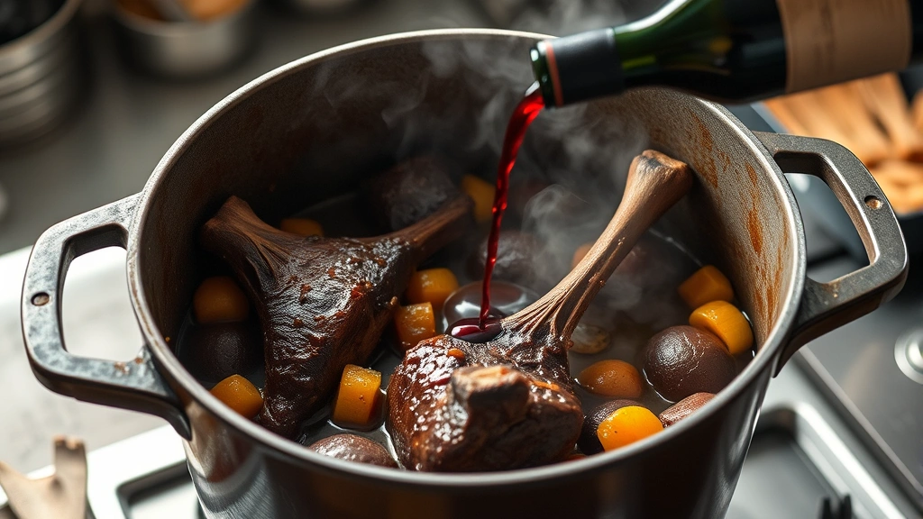 process: Large Dutch oven with deeply browned beef neck bones and caramelized vegetables, red wine being poured in, steam rising, professional kitchen setting, natural light from above, photorealistic, no text