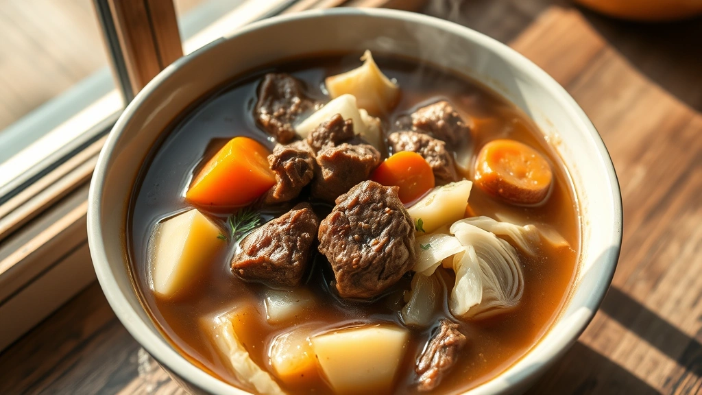 hero: steaming bowl of beef nilaga with tender beef chunks, potatoes, carrots, and cabbage in rich broth, photographed from above, warm natural window light casting soft shadows, no text, rustic white ceramic bowl