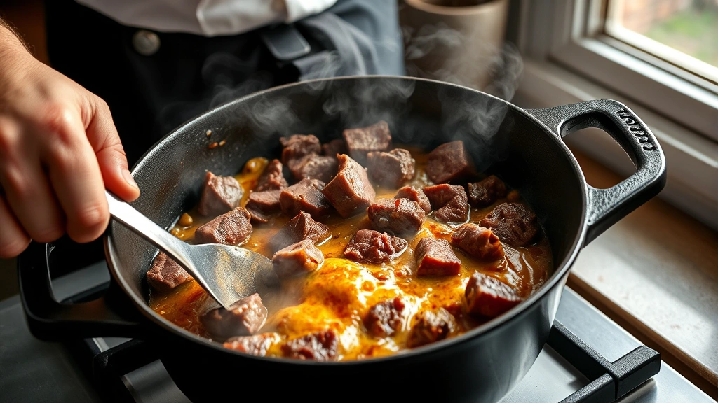process: chef's hands searing beef chunks in cast iron Dutch oven, golden brown crust forming, steam rising, natural daylight from kitchen window, no text, professional food photography style