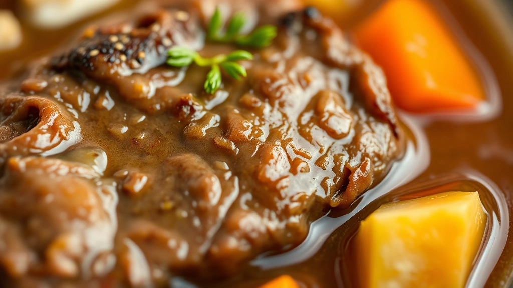 detail: close-up macro shot of tender beef piece with glistening broth, fresh green cabbage wedges and carrot chunks visible, shallow depth of field, warm diffused natural light, no text, food styling