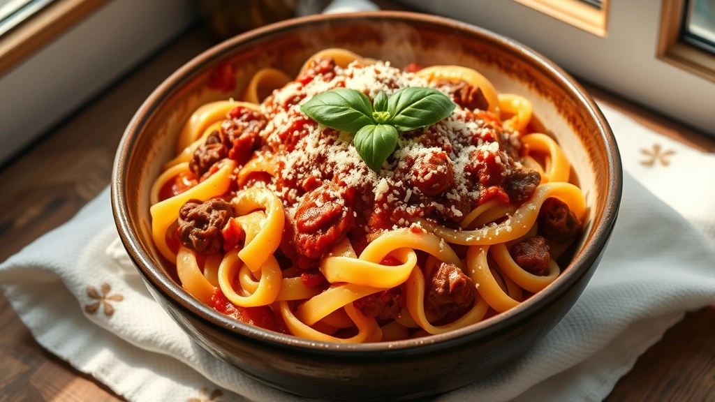 hero: steaming bowl of beef pasta with pappardelle noodles, rich red sauce, fresh basil garnish and grated Parmesan cheese, natural window light, overhead angle, rustic ceramic bowl on white linen