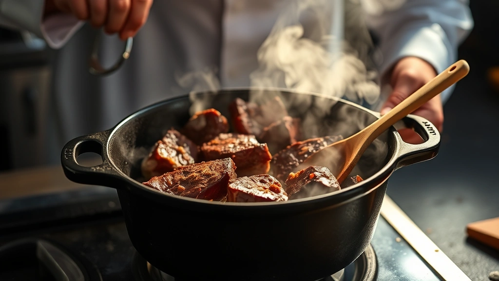 process: chef browning chunks of beef in cast iron Dutch oven, deep golden crust forming on meat, dramatic kitchen lighting, steam rising, wooden spoon visible