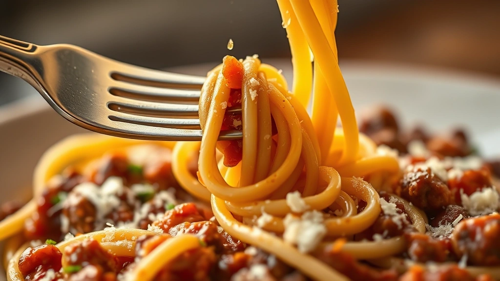 detail: close-up of fork twirling fresh pasta strands with beef sauce, melted Parmesan cheese visible, shallow depth of field, warm golden hour lighting, drops of olive oil glistening