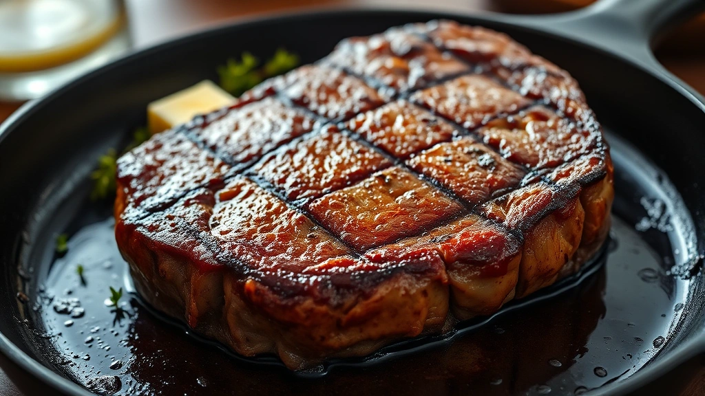hero: perfect medium-rare beef porterhouse steak with golden brown crust on cast iron skillet, butter and fresh thyme visible, restaurant quality presentation, warm natural lighting, shallow depth of field