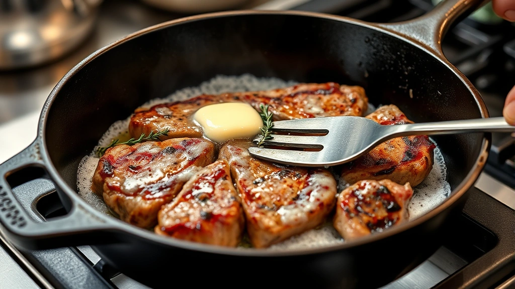 process: cooking porterhouse steak in cast iron skillet with foaming butter basting, garlic and thyme sprigs visible, action shot showing spoon basting meat, professional kitchen lighting