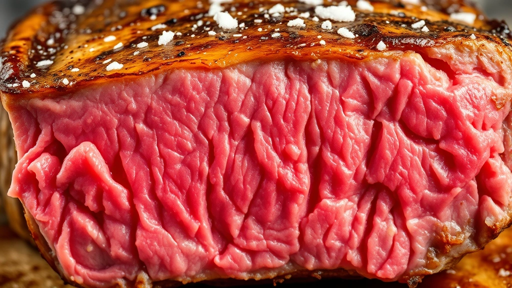 detail: close-up cross-section of cooked porterhouse steak showing perfect medium-rare pink center with golden brown crust, bone visible, fresh cracked pepper and sea salt flakes on top, macro photography with natural light