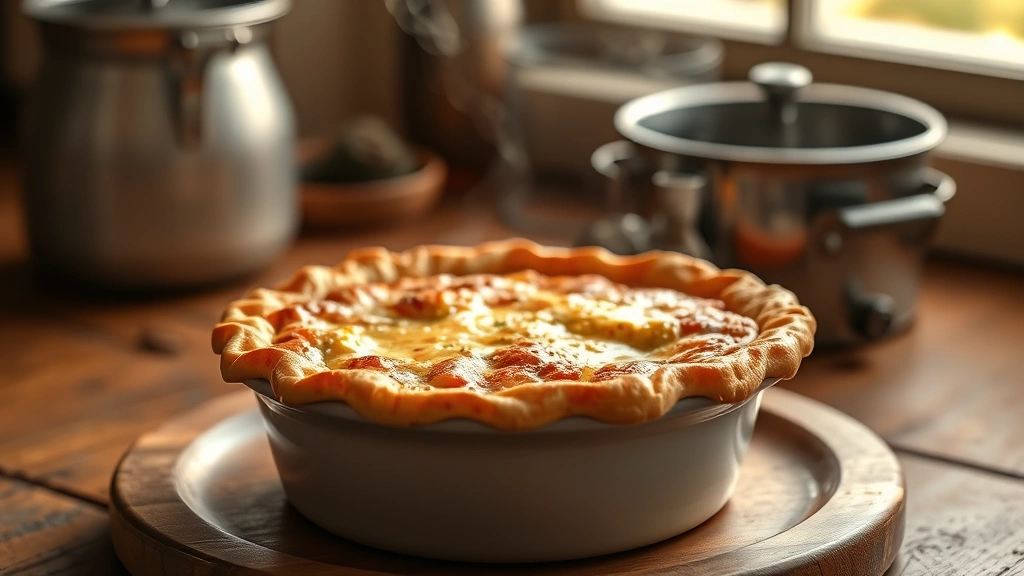 hero: Golden-brown beef pot pie with flaky crust freshly removed from oven, steam rising, rustic wooden table background, warm natural window light, professional food photography