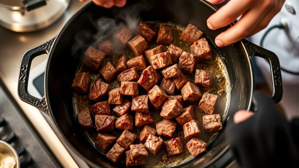 process: Searing cubed beef in cast iron Dutch oven, golden crust forming, steam rising, chef's hands visible, warm kitchen lighting, action shot