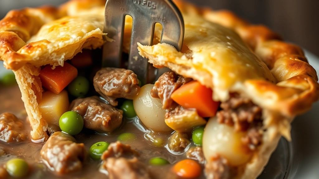 detail: Close-up cross-section of beef pot pie showing tender beef chunks, carrots, potatoes, peas in rich gravy beneath flaky golden crust, fork cutting through, shallow depth of field