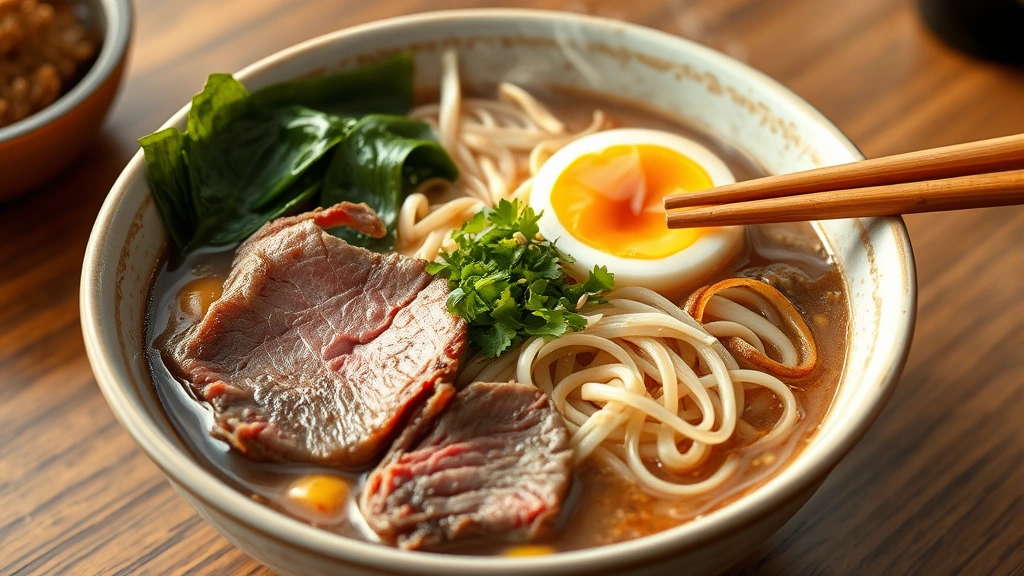 hero: steaming bowl of beef ramen with soft-boiled egg, tender beef, fresh spinach, bamboo shoots, nori strips, sesame seeds, chopsticks ready, photorealistic, natural warm light, no text