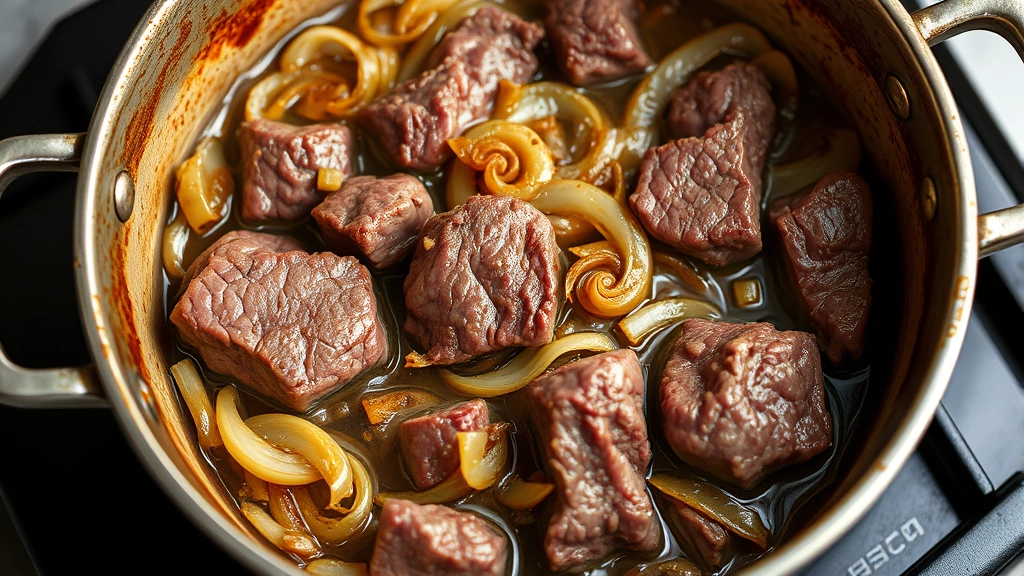 process: beef chunks searing in hot pot with caramelized onions and garlic, golden brown crust, photorealistic, natural light, no text